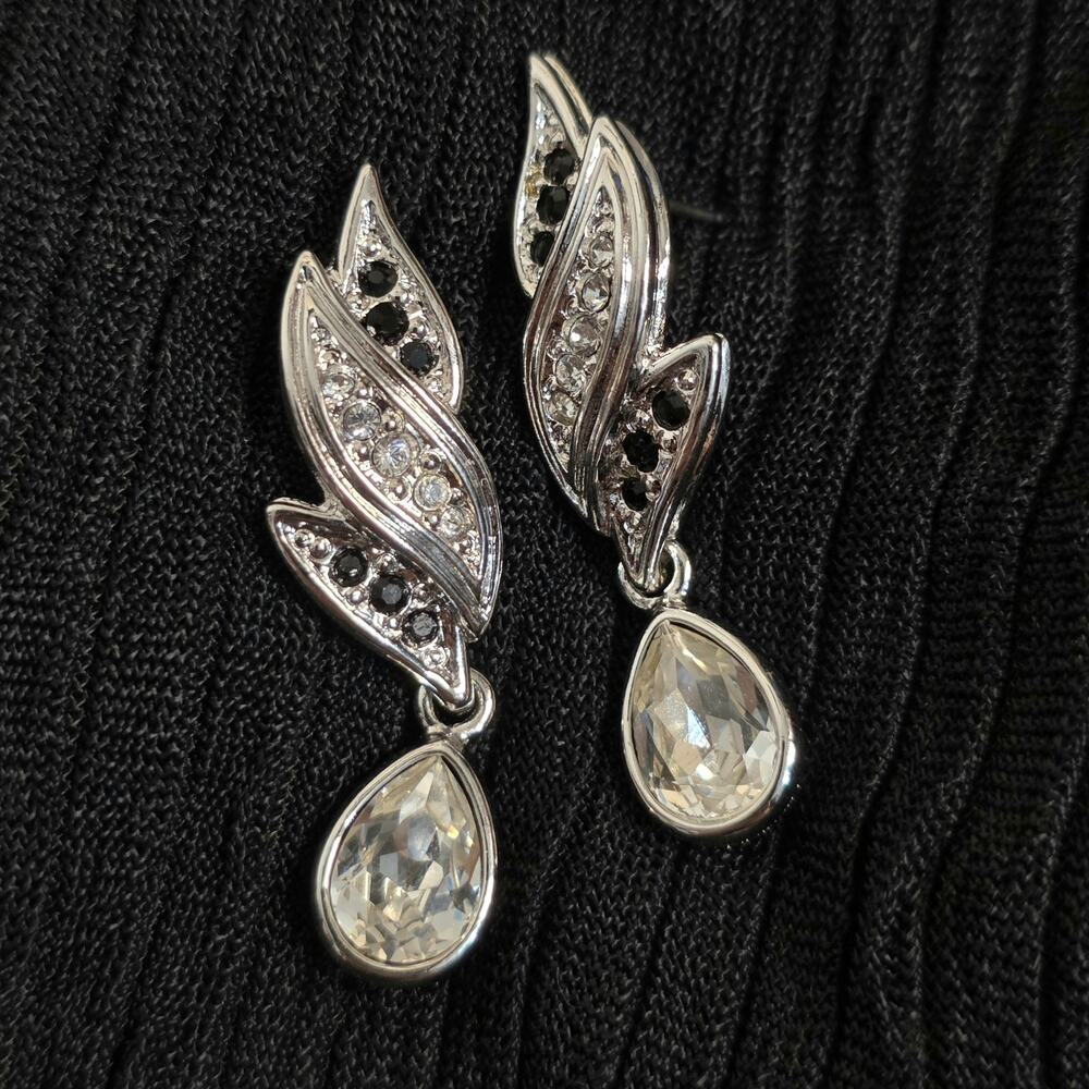 Silver Black Rhinestone Teardrop Drop Earrings